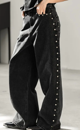 STUDDED WIDE LEG DENIM PANTS
